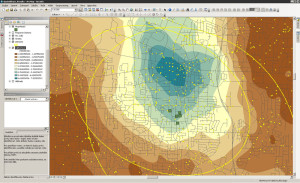 Prostorová analýza nástroji nadstavby ArcGIS Geostatistical Analyst.
